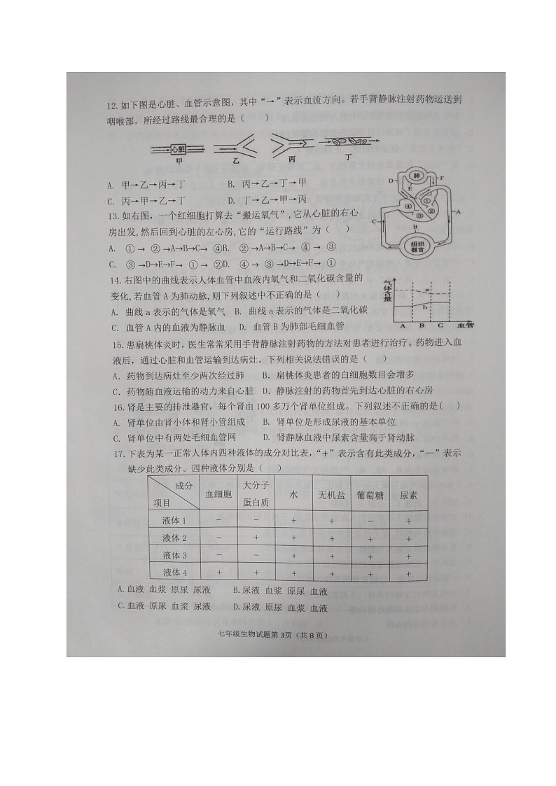 山东省滨州市阳信县2021-2022学年七年级下学期期中考试生物试题（含答案）03