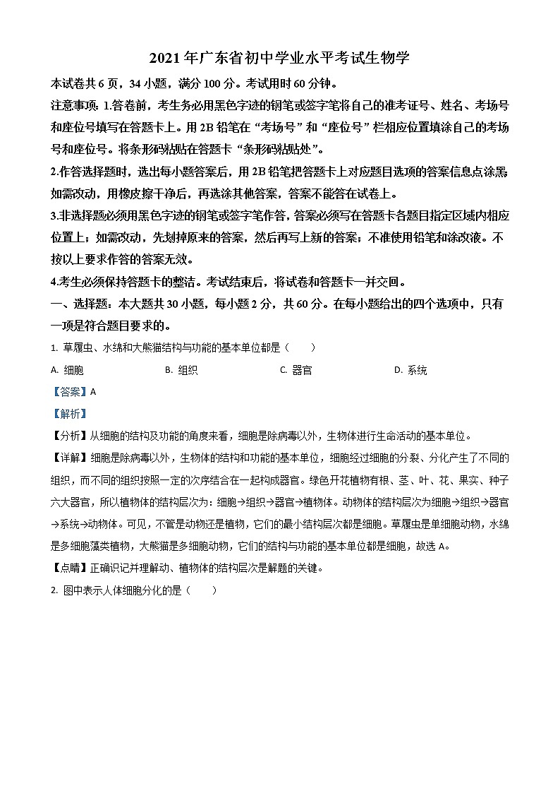 2021年广东省中考生物试题（解析版）01