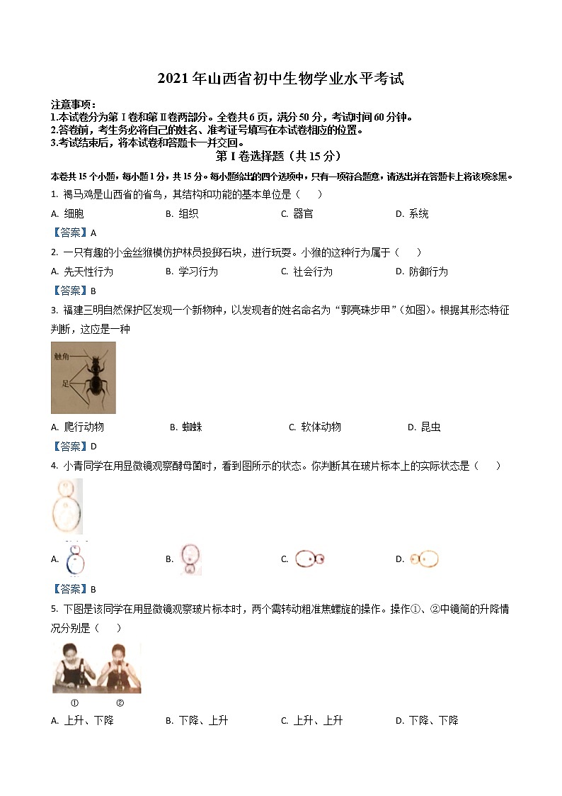 2021年山西省阳泉市中考生物试题（解析版）第1页