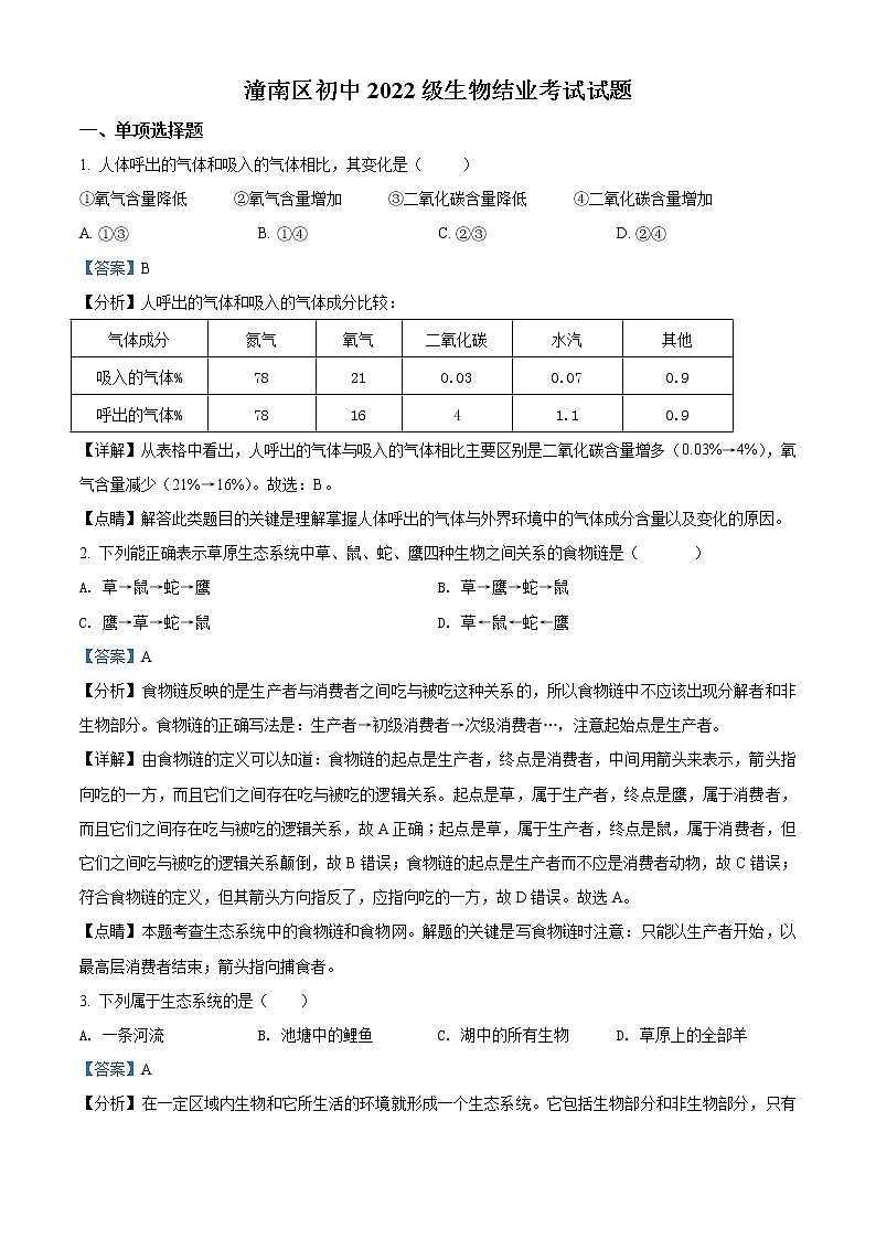 2021年重庆市潼南区八年级结业考试生物试题（解析版）01