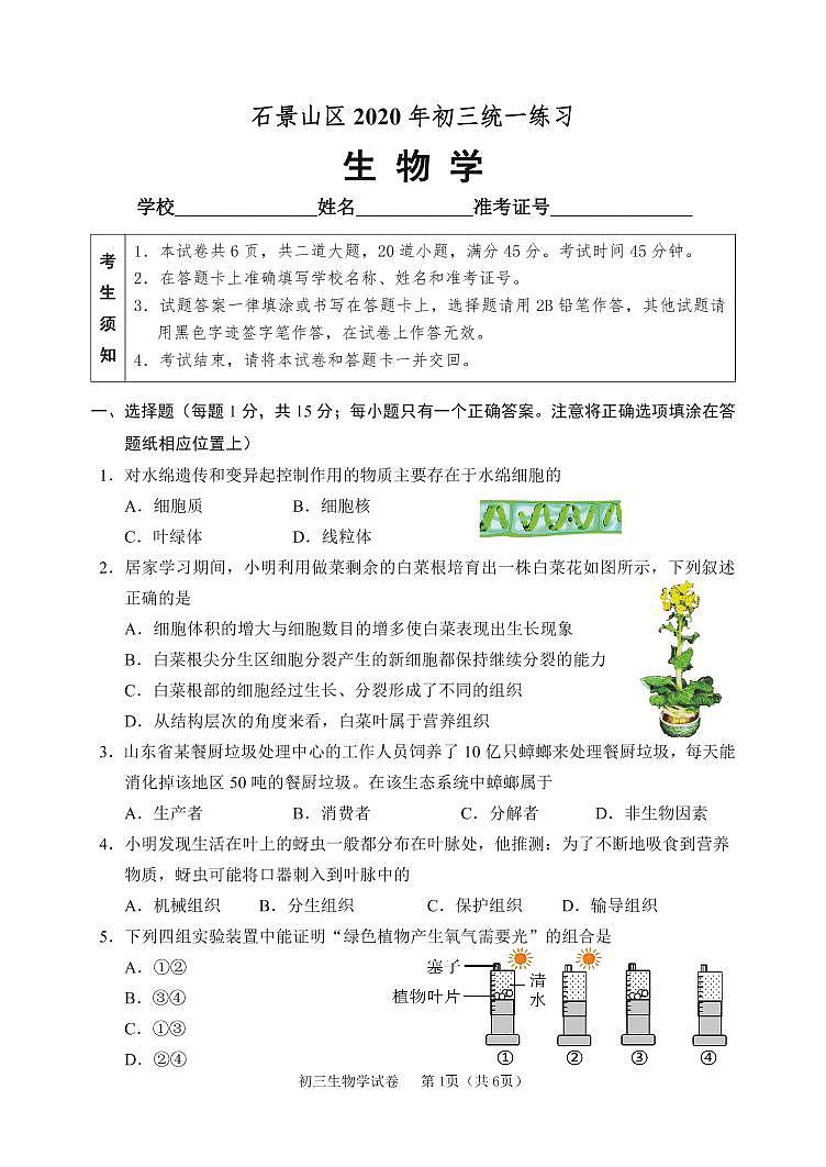 2020年北京市石景山区一模生物试卷无答案第1页