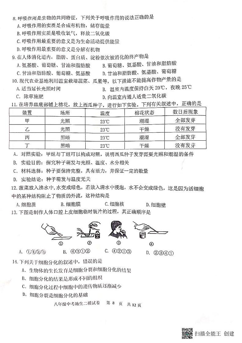 2022年江苏省宿迁市泗阳县中考二模生物试题（有答案）第2页