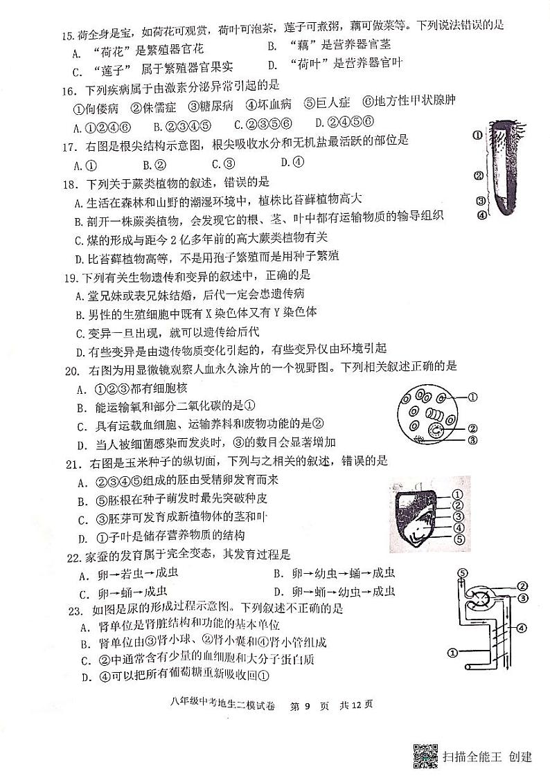 2022年江苏省宿迁市泗阳县中考二模生物试题（有答案）第3页