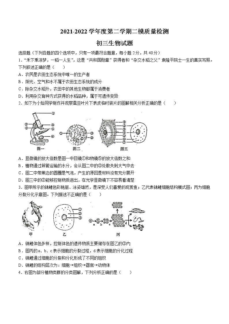 2022年山东省济宁市任城区中考二模生物试题（有答案）01
