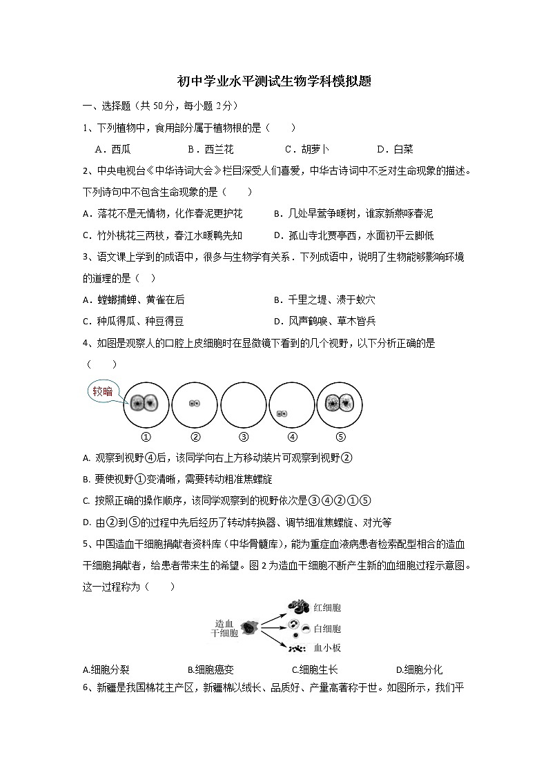 2022年山东省德州市初中学业水平测试生物模拟题（二）(word版含答案)第1页