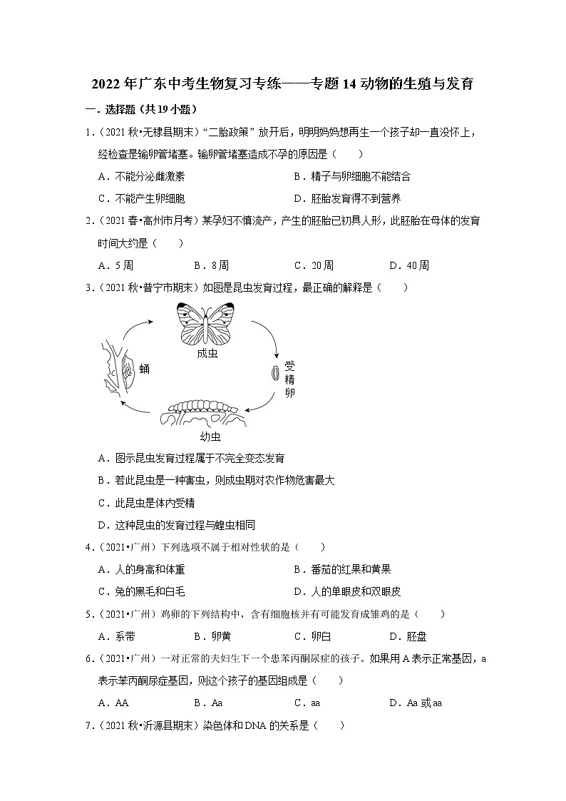 2022年广东省中考生物复习专练——专题14动物的生殖与发育解析版第1页