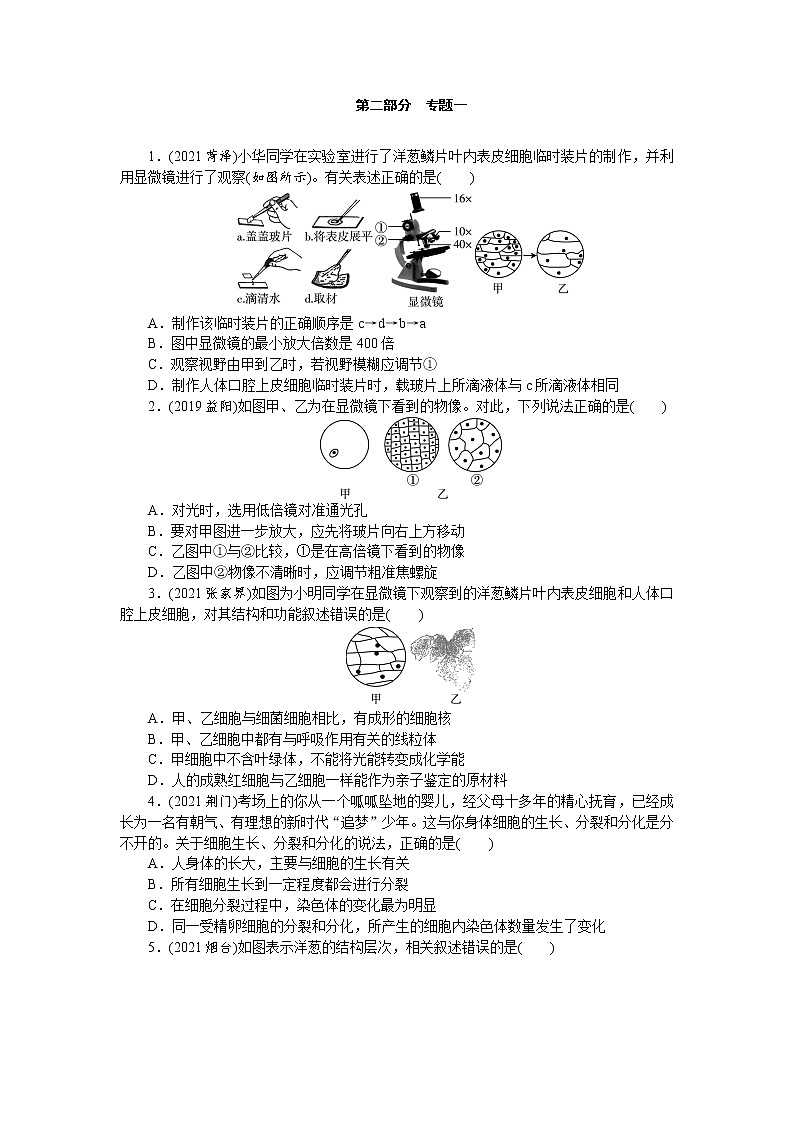 2022年中考生物专题复习练习：专题一　生物体的结构层次第1页