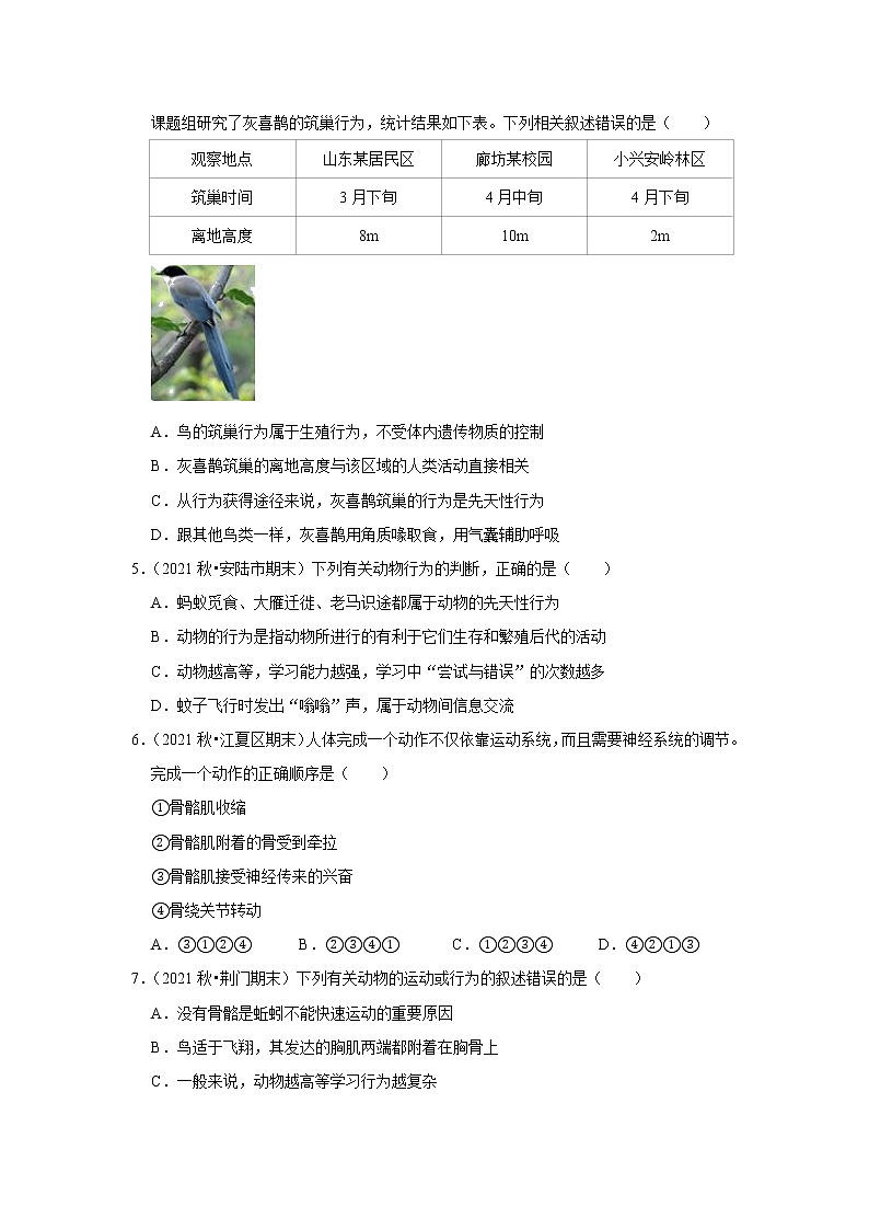 2022年湖北省中考生物复习专练——专题13动物的运动和行为+解析版02