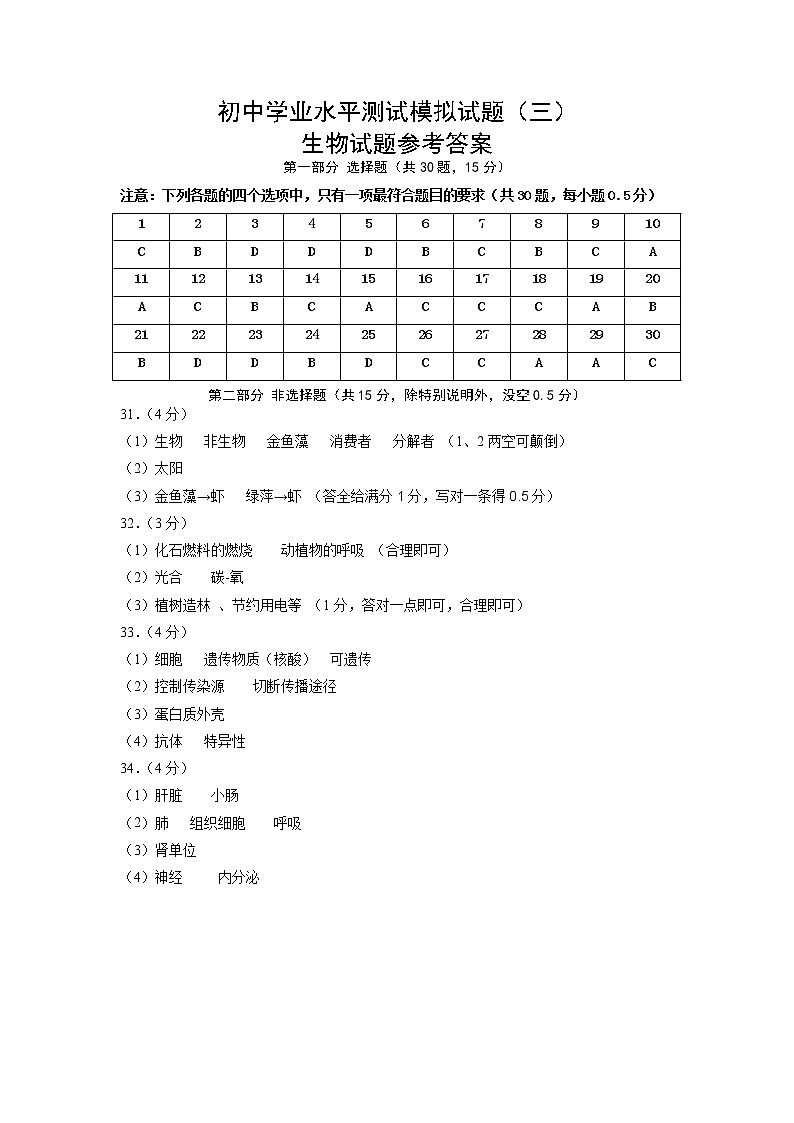 2022年江苏省泰州市初中学业水平测试生物模拟试题三01