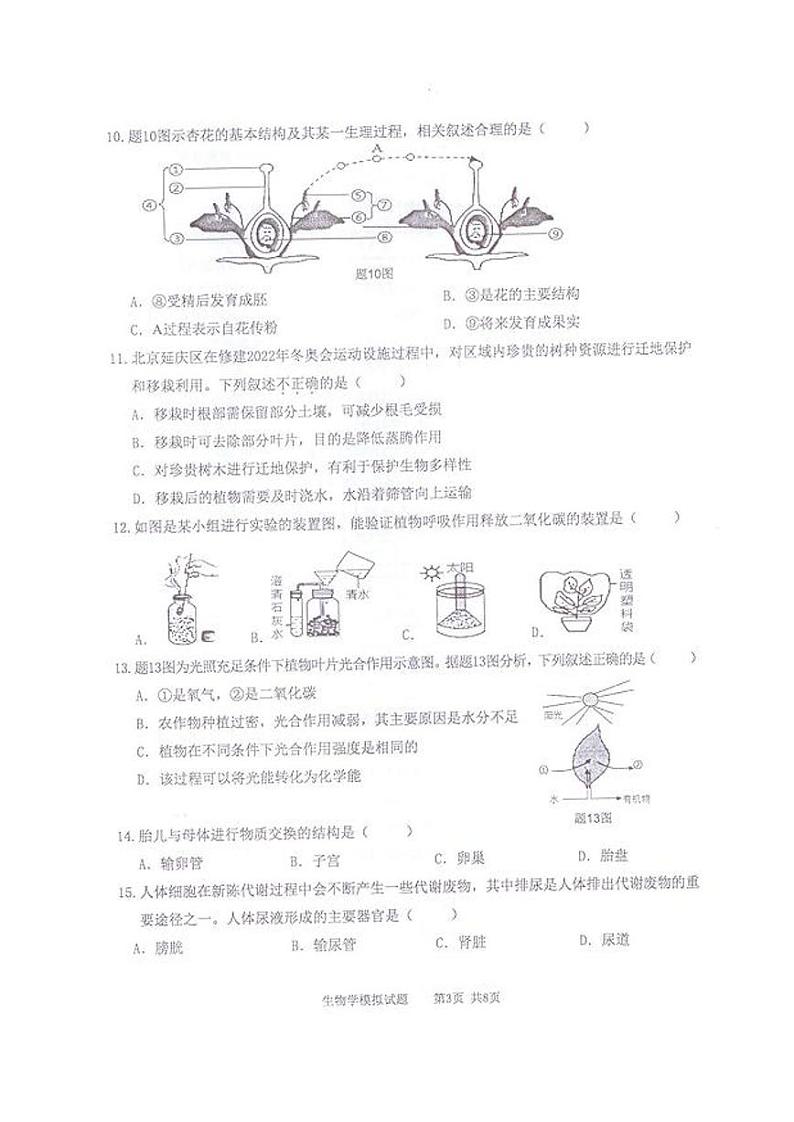 2022年广东省河源市初中学业水平模拟考试生物试题03
