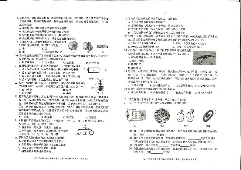 2022年湖南省怀化市中考模拟考试生物试题（无答案）02
