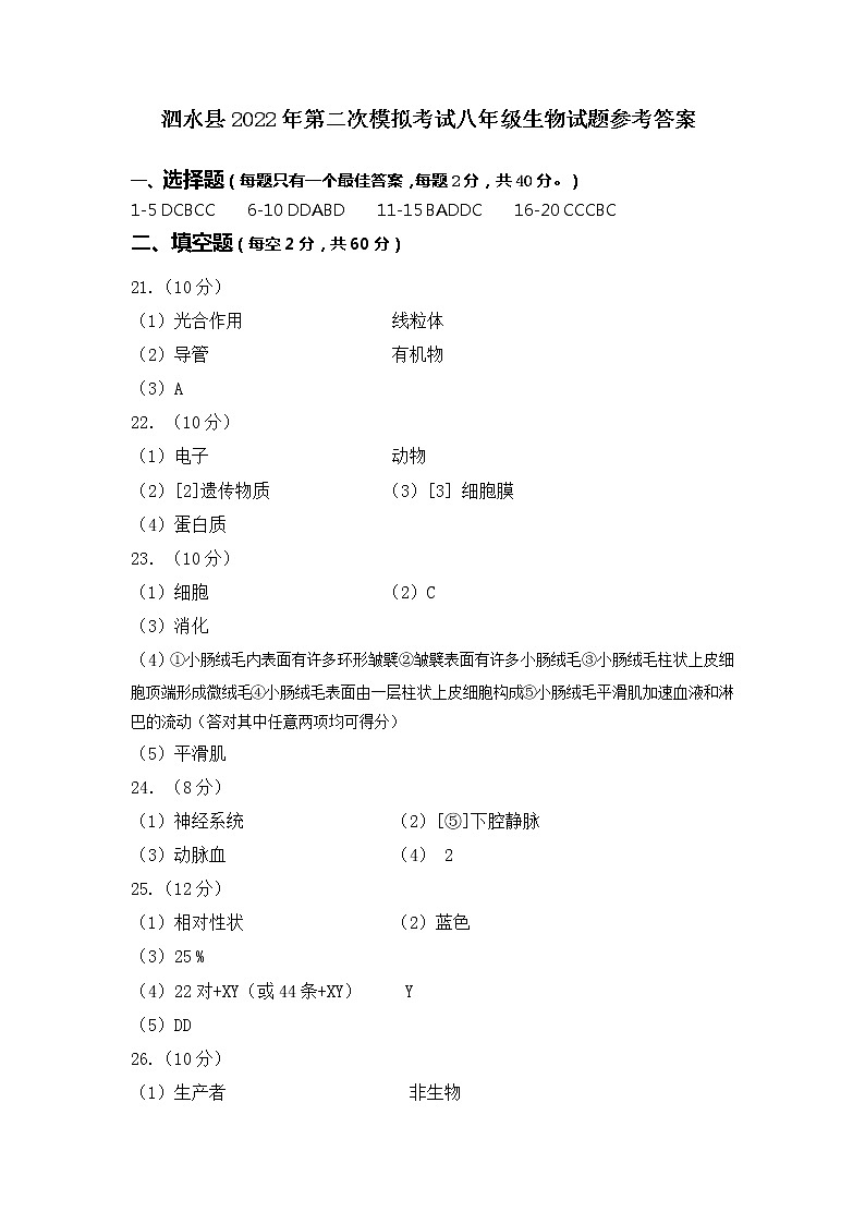 八年级生物二模答案第1页