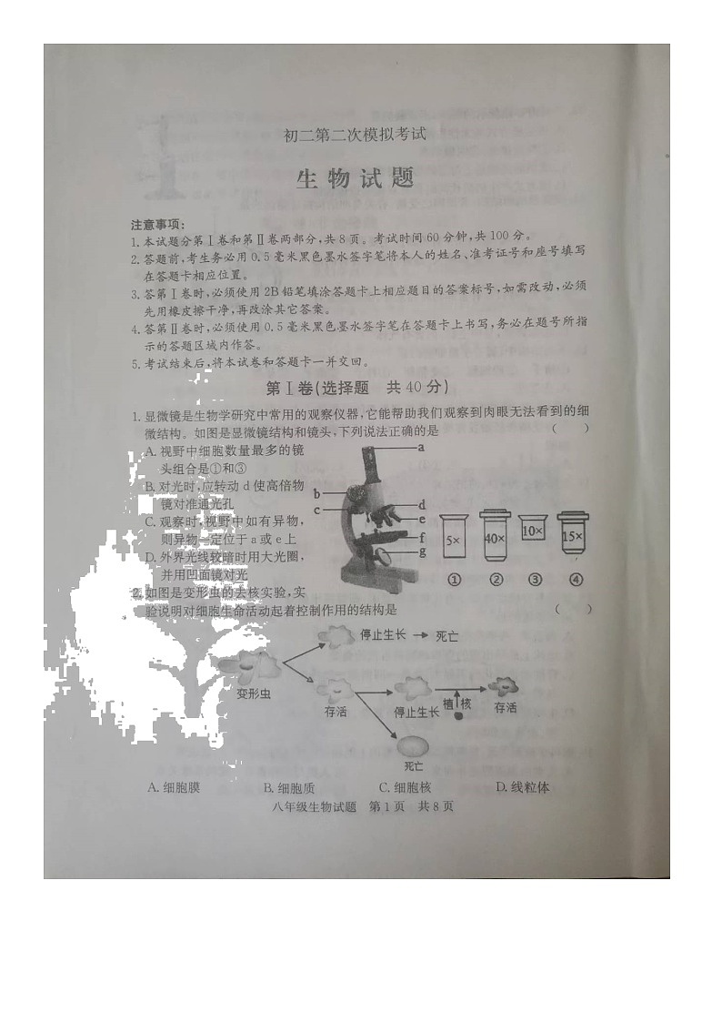 济宁市泗水县2022二模八年级生物试题第1页