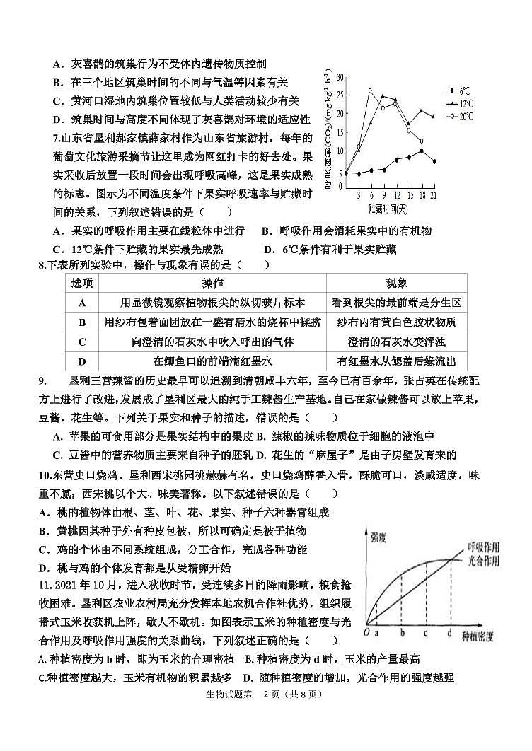 2022年山东省东营市垦利区中考二模生物试题（有答案）02