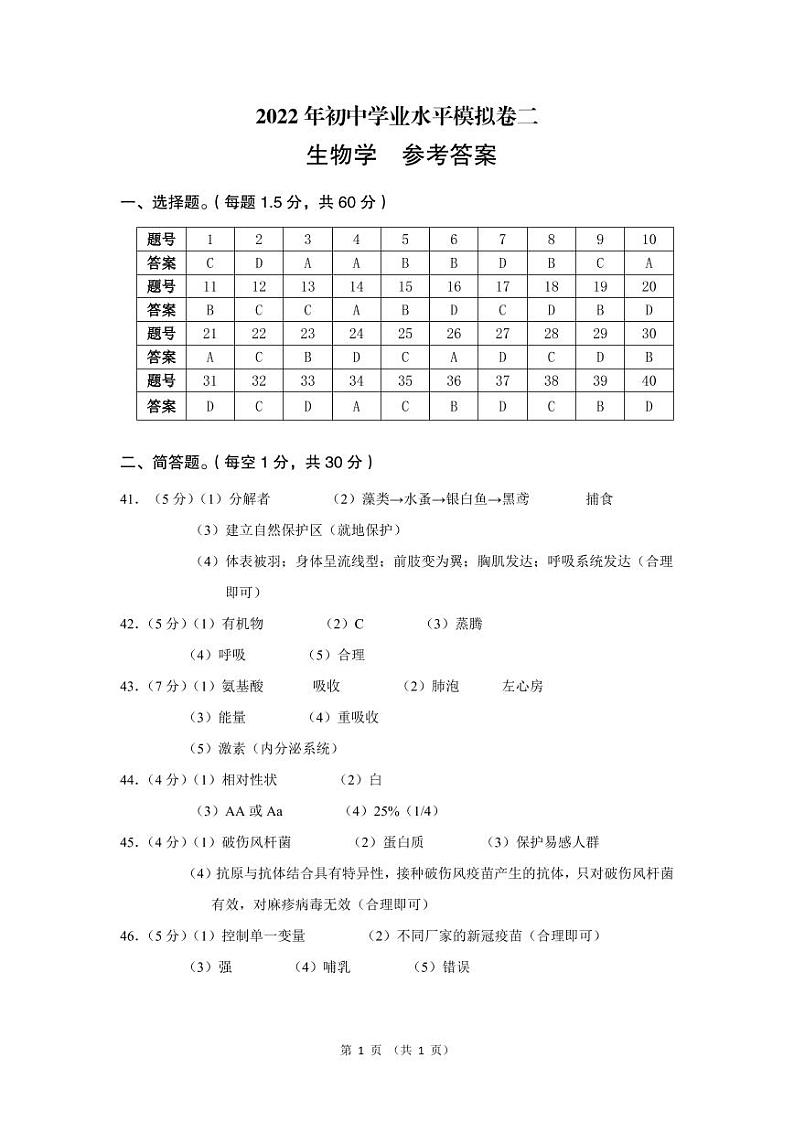 2022年云南省临沧市耿马县八年级学业水平考试（二模）生物 答案第1页