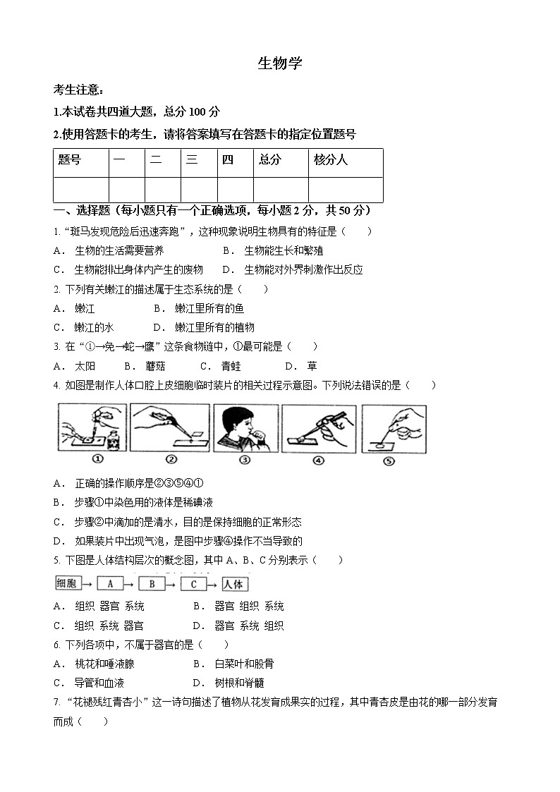 2022年黑龙江省大兴安岭塔河县八年级中考一模生物试题（含答案）01