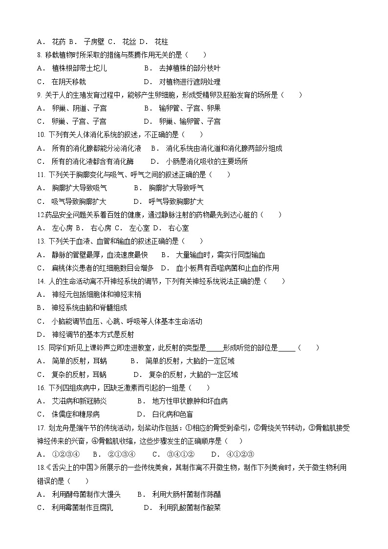 2022年黑龙江省大兴安岭塔河县八年级中考一模生物试题（含答案）02