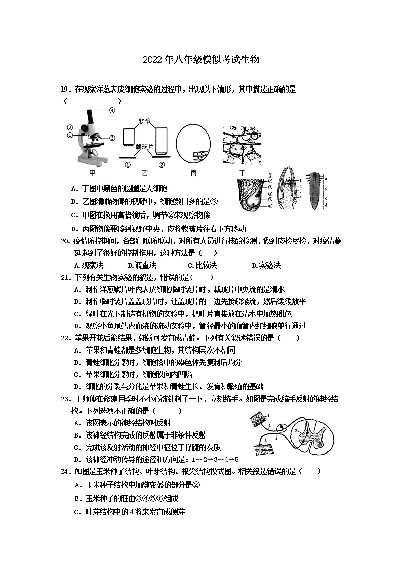 2022年山东省枣庄市台儿庄区中考二模生物试题(word版含答案)01