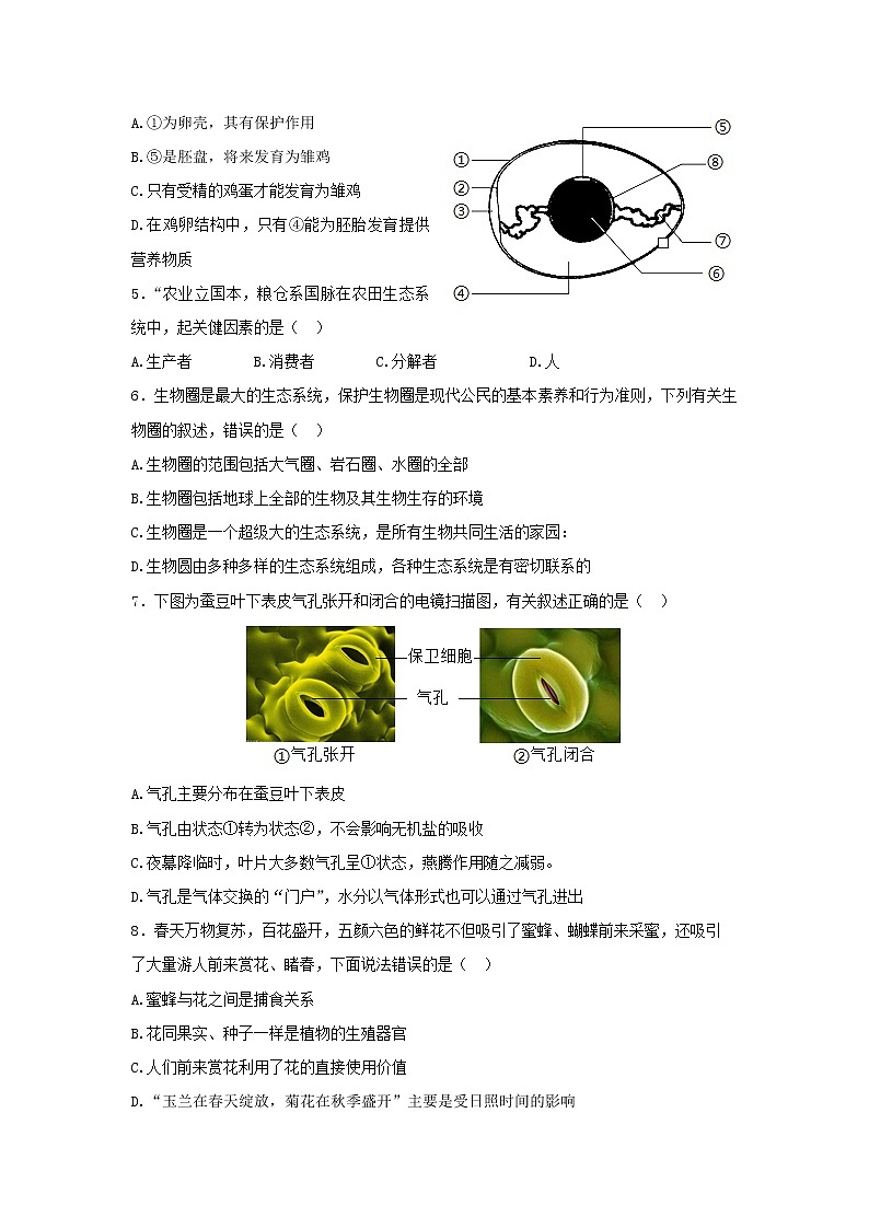 2022年山东省德州市临邑县八年级第二次练兵考试（二模）生物试题(word版含答案)02