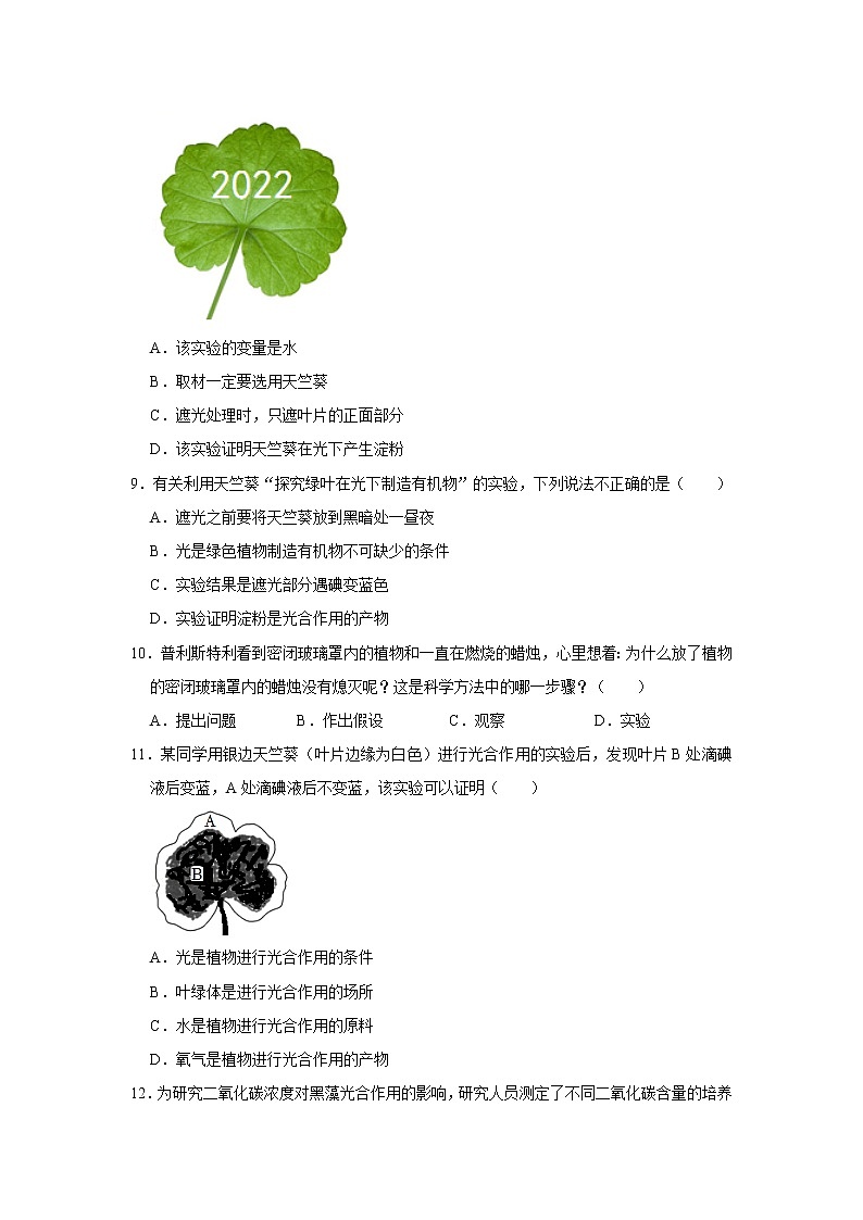 光合作用吸收二氧化碳释放氧气  同步测试第3页