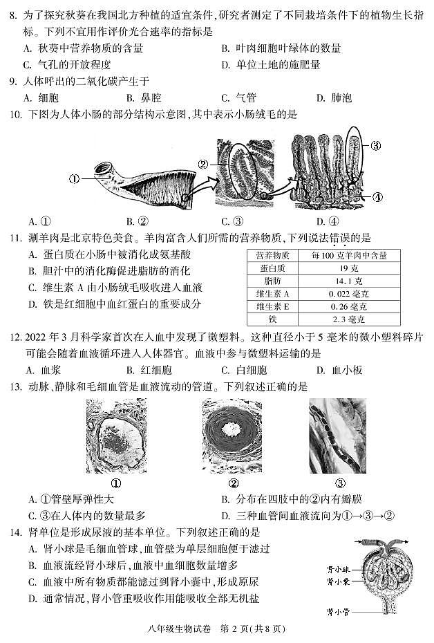 2022年北京市朝阳区初二一模生物试卷含答案02