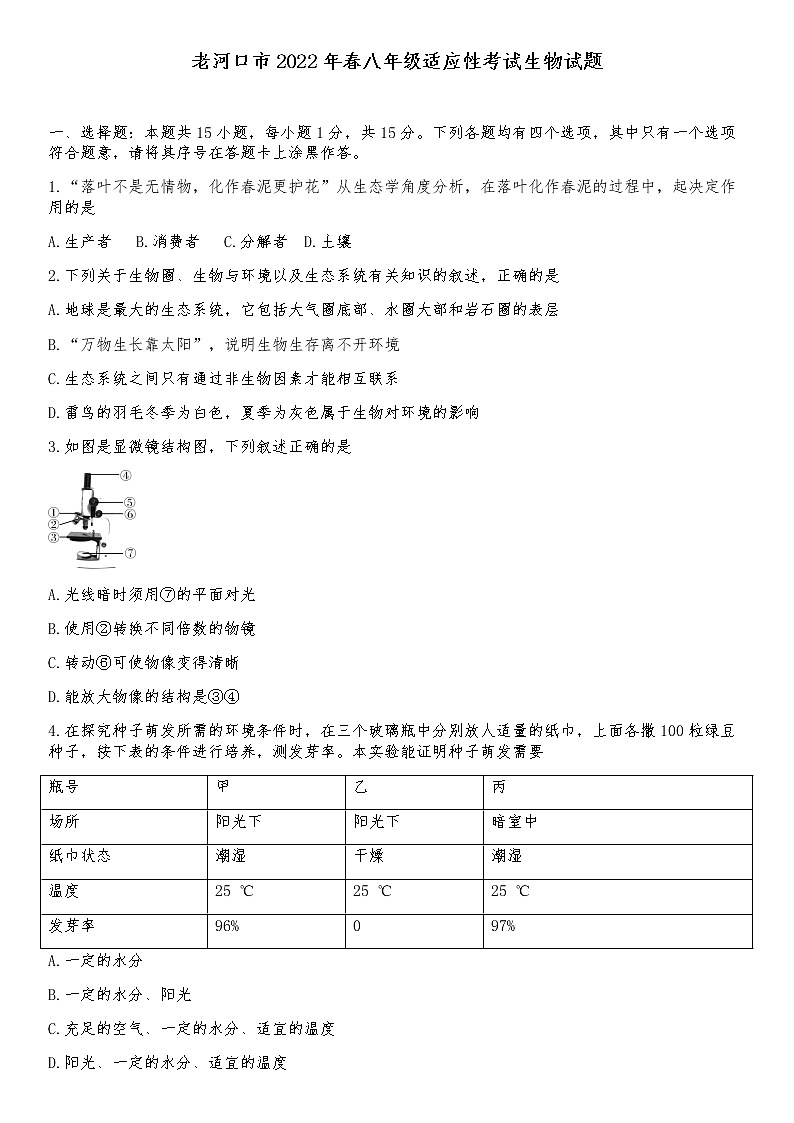 2022年湖北省襄阳市老河口市中考适应性考试生物试题（无答案）第1页