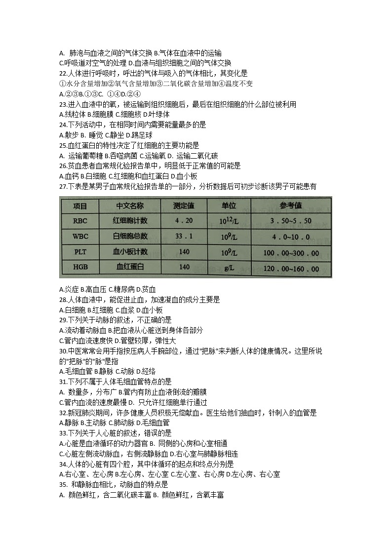 云南省楚雄州地区2021-2022学年七年级下学期期中考试生物试题（含答案）第3页