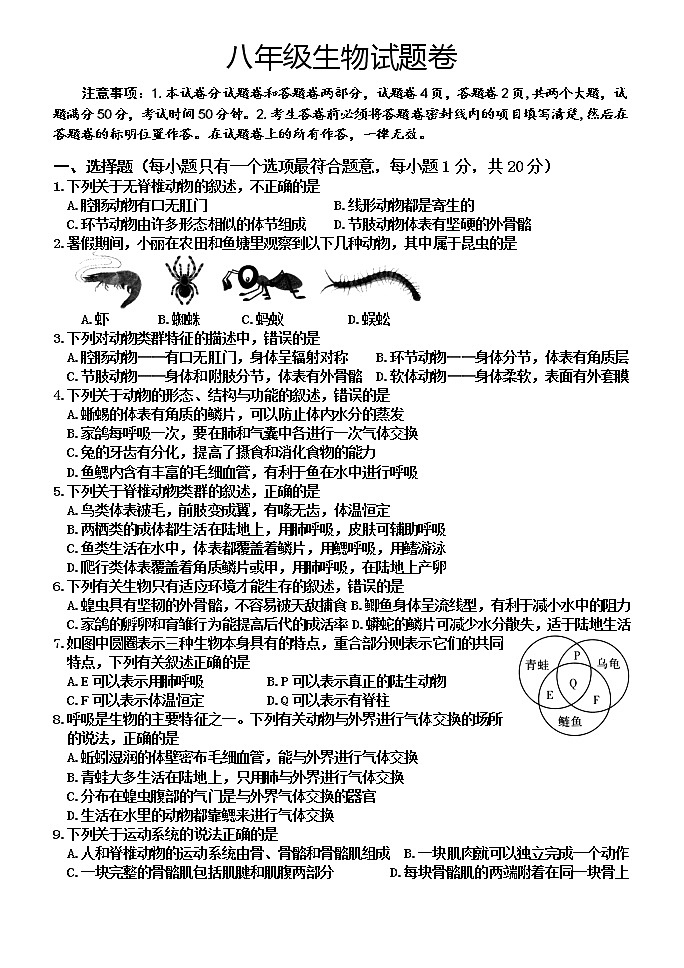 2022年河南省焦作市沁阳市八年级上学期第一次质量检测生物卷及答案01