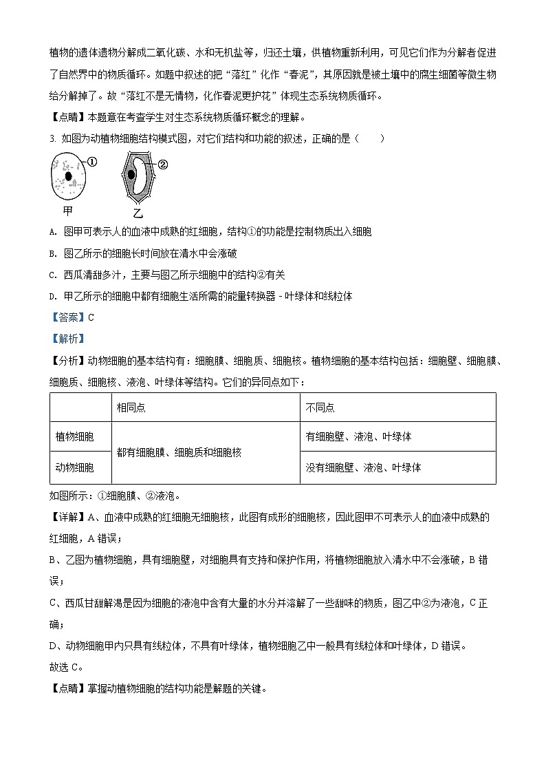 2022年湖北省襄阳市谷城县中考一模生物（答案）第2页