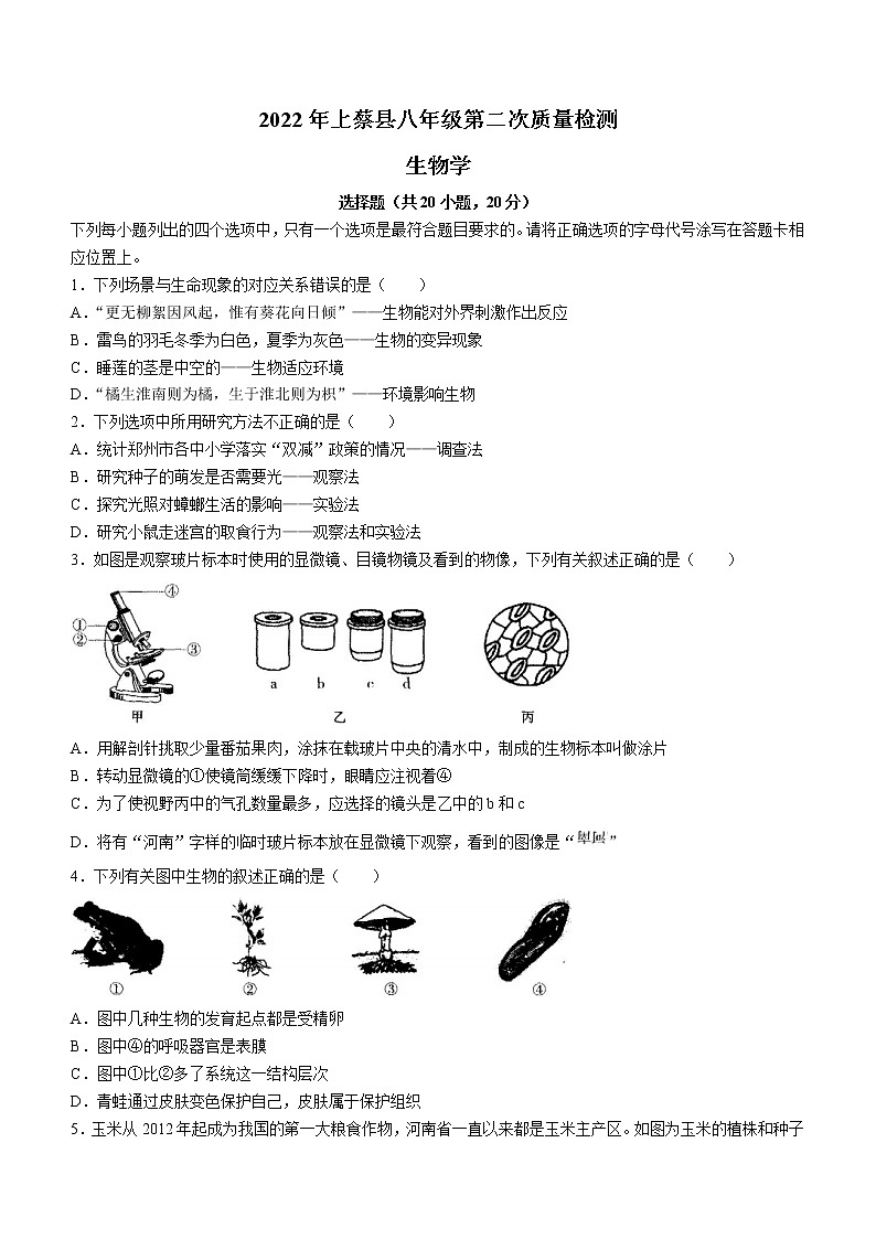 2022年河南省驻马店市上蔡县八年级二模生物试题(word版无答案)01