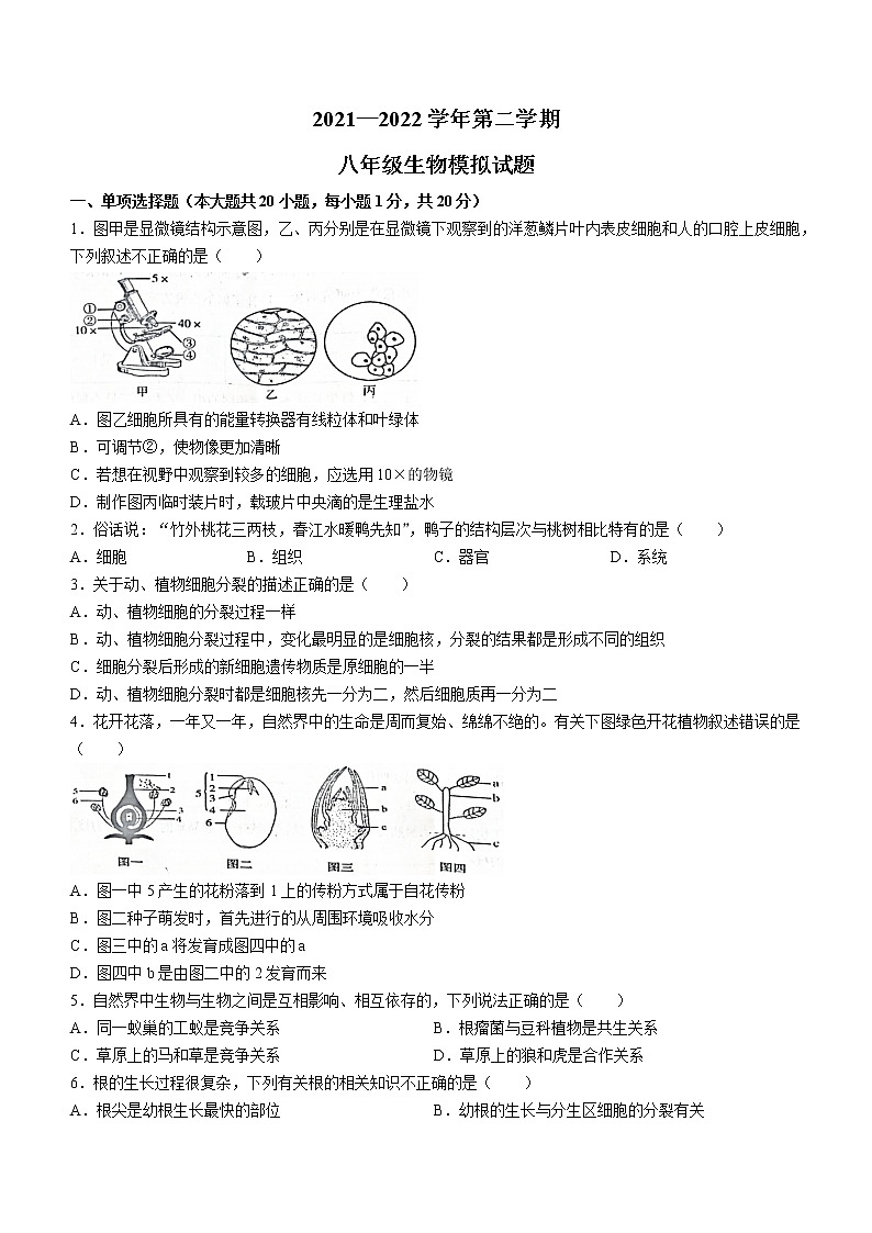 2022年江西省鹰潭市余江区八年级二模生物试题(word版无答案)01