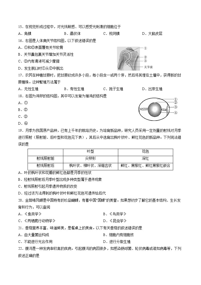 2022年北京市东城区八年级一模生物试卷(word版含答案)03