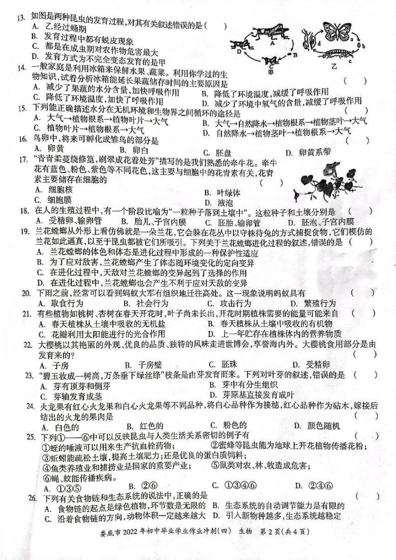 2022年湖南省娄底市初中毕业学业作业冲刺（四）生物试题（含答案）02
