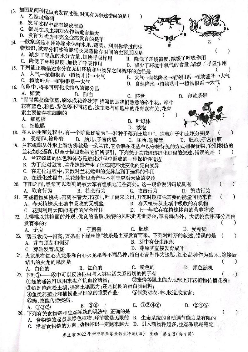 2022年湖南省娄底市初中毕业学业作业冲刺（四）生物试题（含答案）02