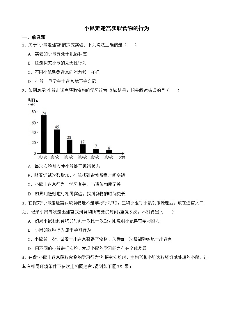 备考中考生物实验专项复习 小鼠走迷宫获取食物的行为解析版第1页
