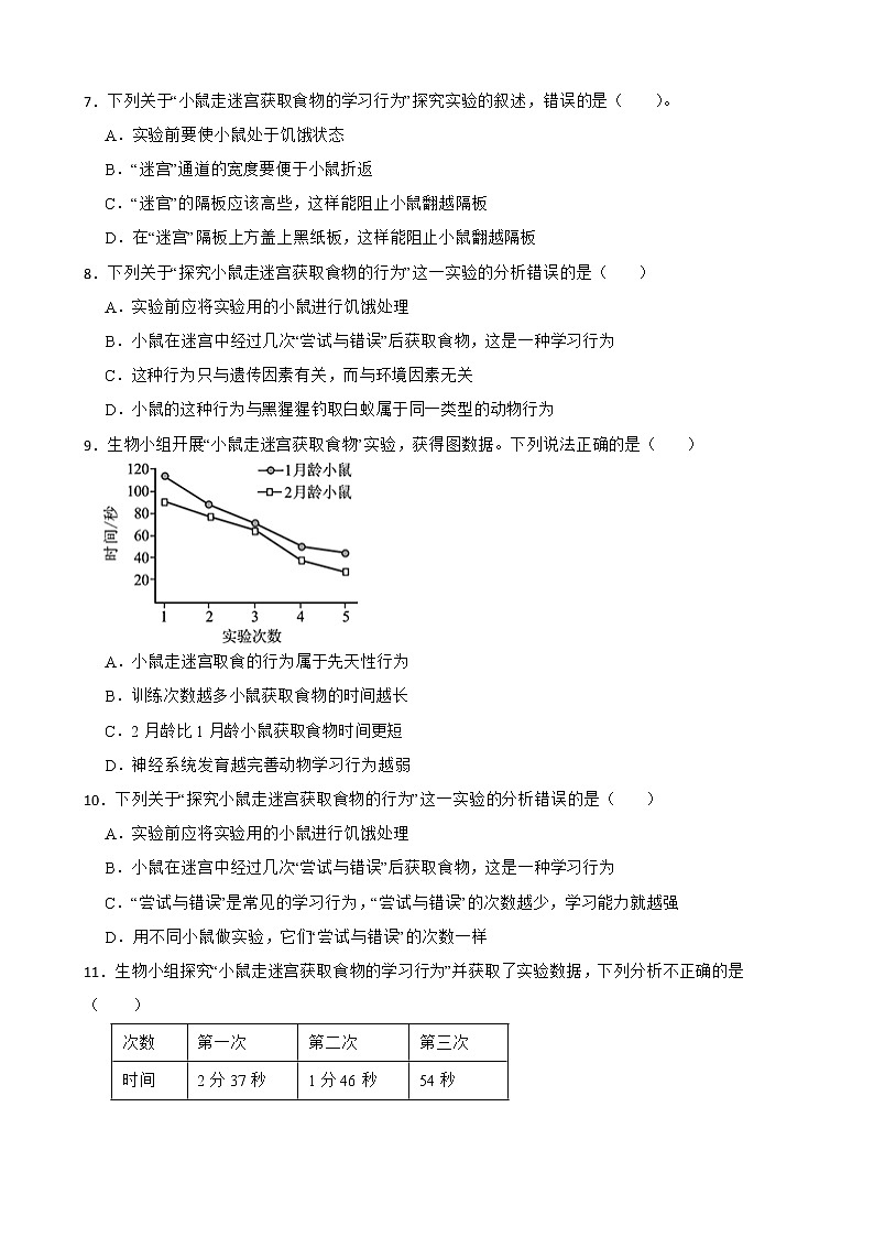 备考中考生物实验专项复习 小鼠走迷宫获取食物的行为解析版第3页
