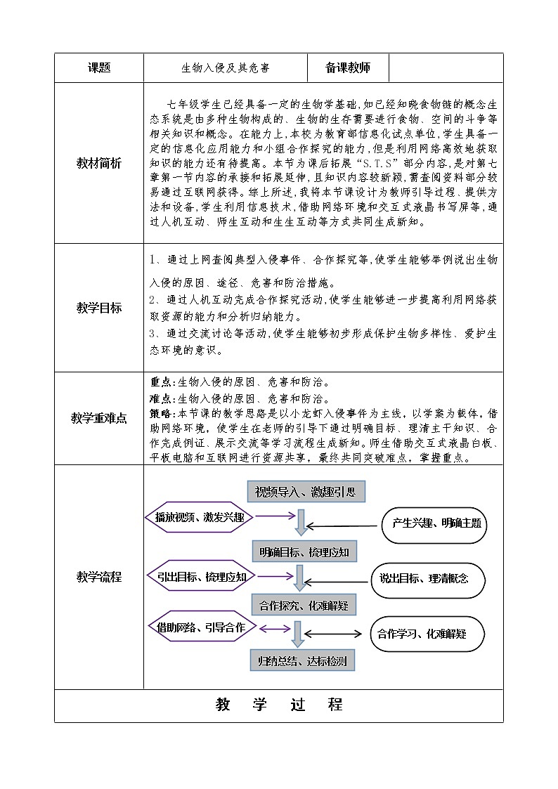 人教版七下生物 7.4生物入侵及其危害  教案第1页