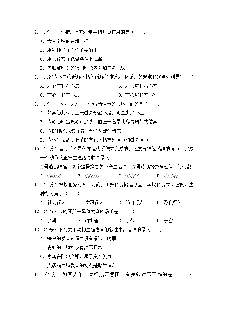 人教版生物七年级下册  期末模拟试卷7（含答案）02