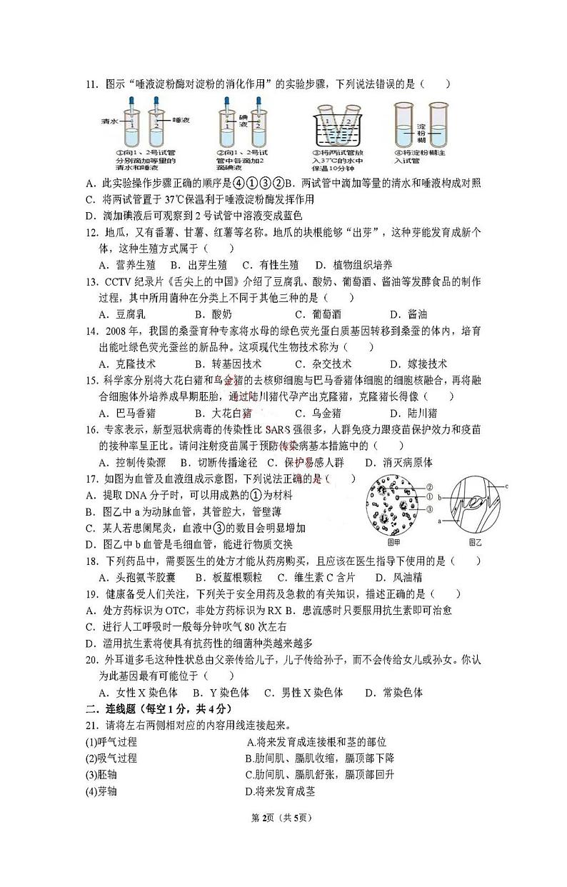 2022年辽宁省沈阳市沈河区中考模拟考试生物试题三（含答案）第2页