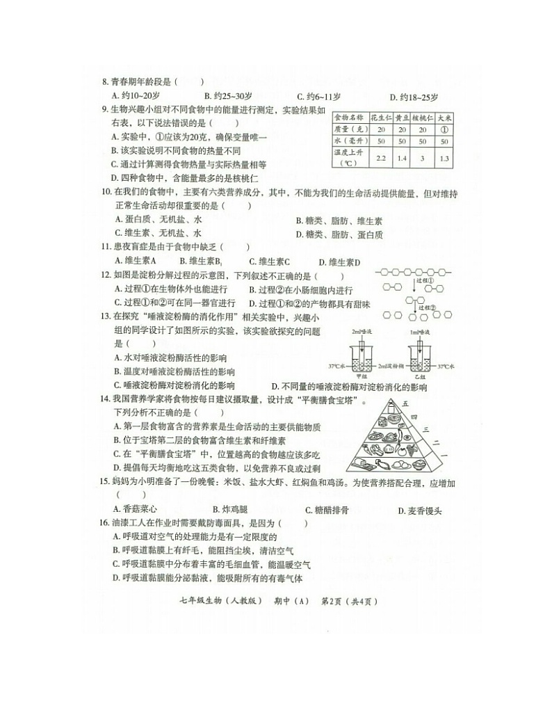 河南省濮阳市清丰县2021-2022学年七年级下学期期中教学质量检测生物（A）（含答案）02
