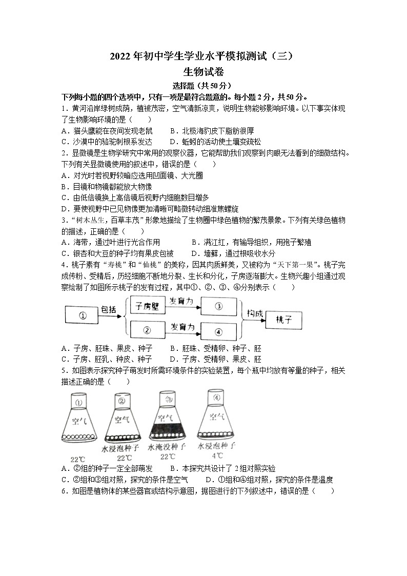 2022年山东省聊城市东阿县中考三模生物试题（含答案）第1页