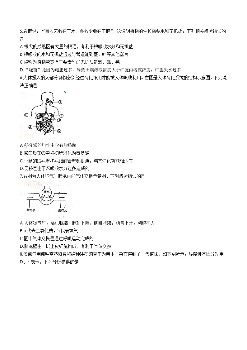 2022年江苏省连云港市灌南县中考一模生物试题(word版无答案)02