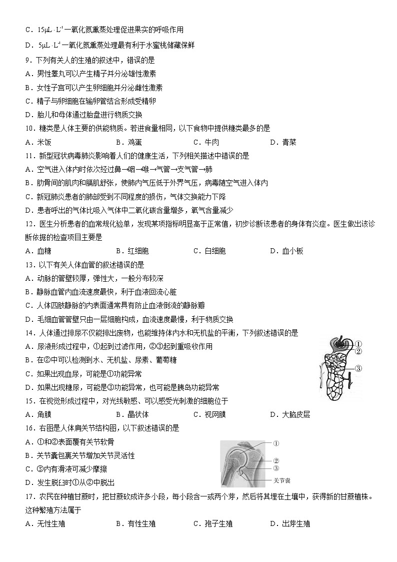 2022年北京市东城区八年级一模生物试题(word版无答案)02