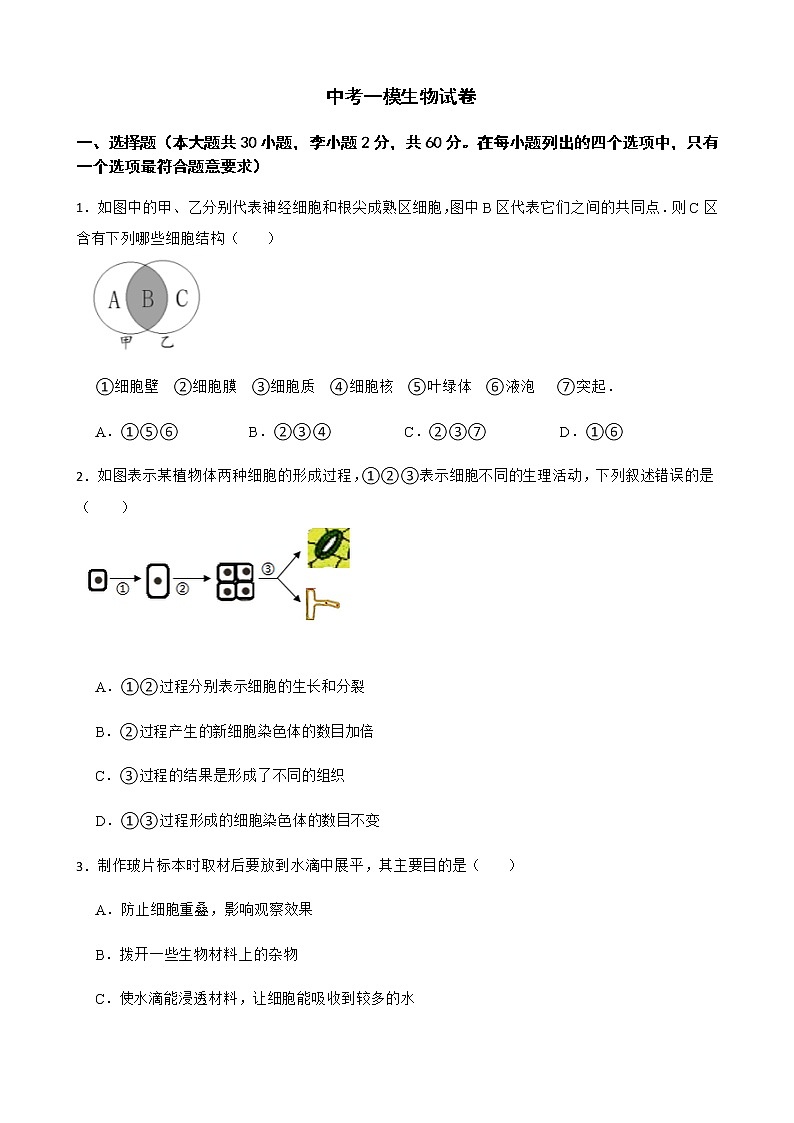 广东省揭阳市2022年中考一模生物试卷及答案第1页