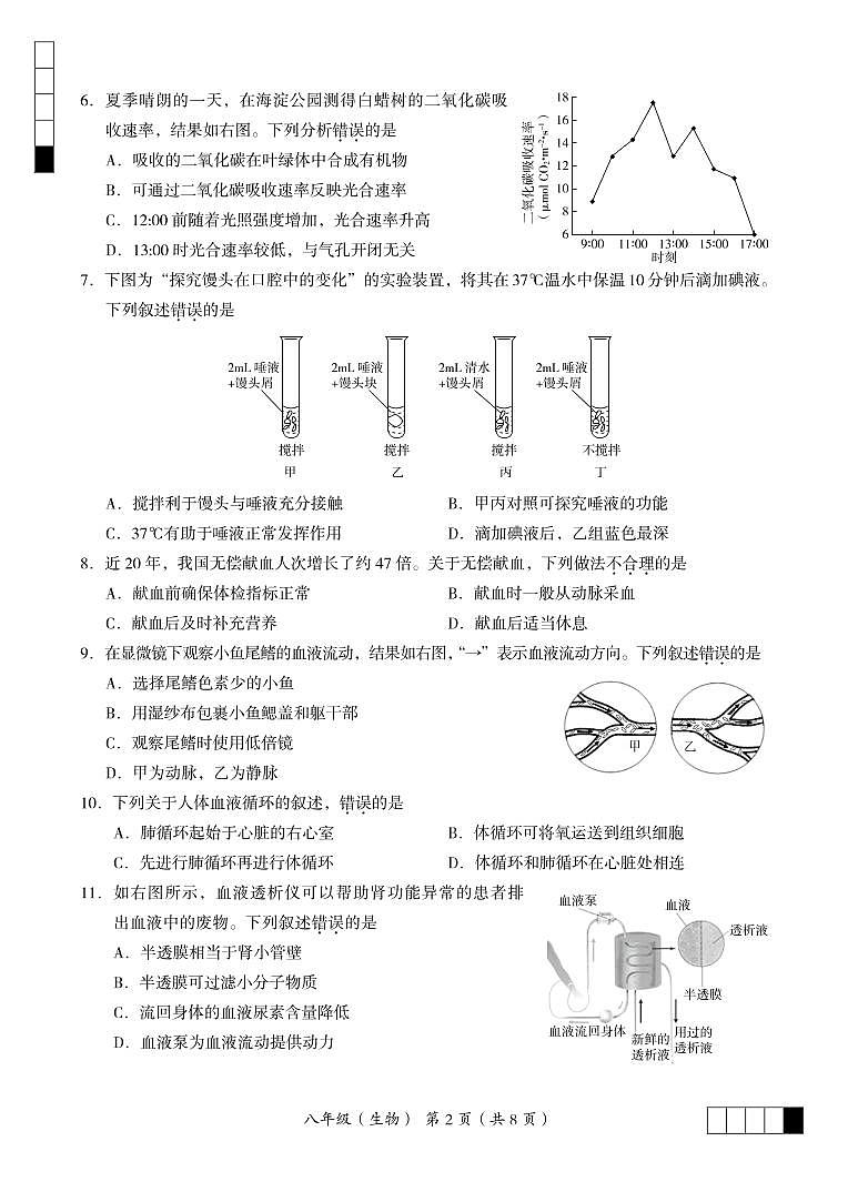 北京市海淀区2021-2022学年八年级下学期期末练习（二模）生物试题（无答案）02