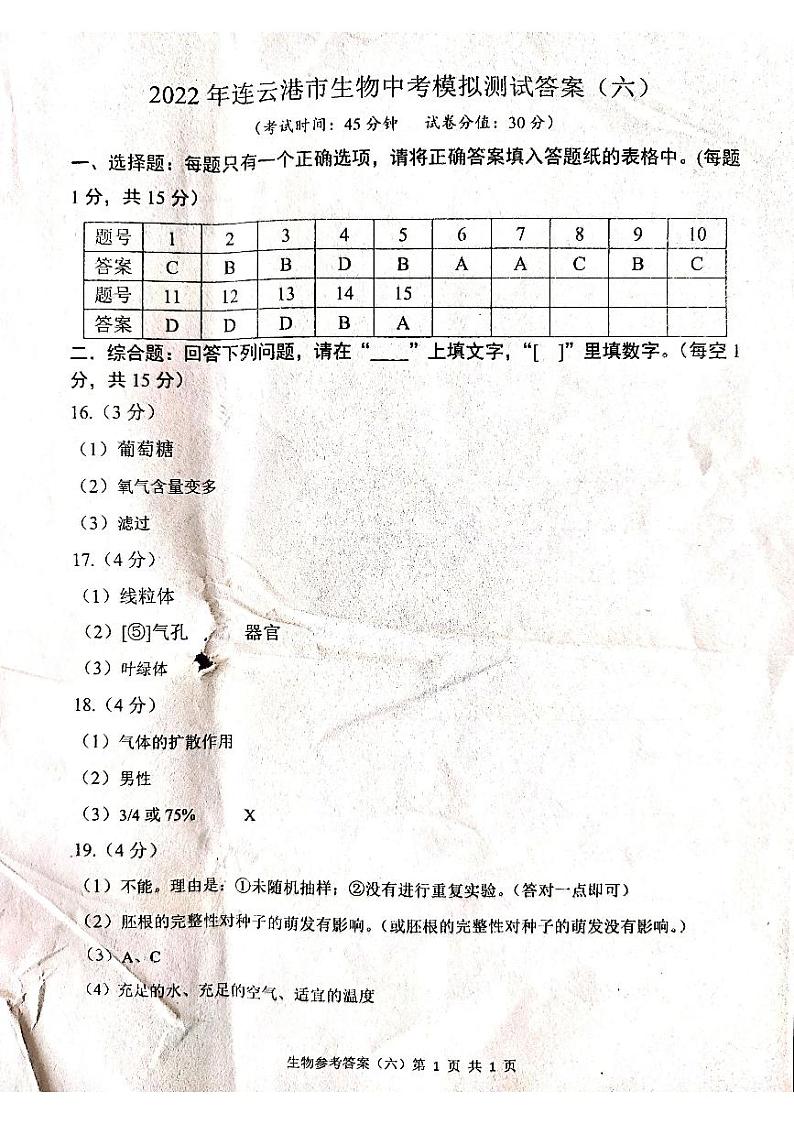 2022年江苏省连云港市中考生物模拟试卷（六）（有答案）01