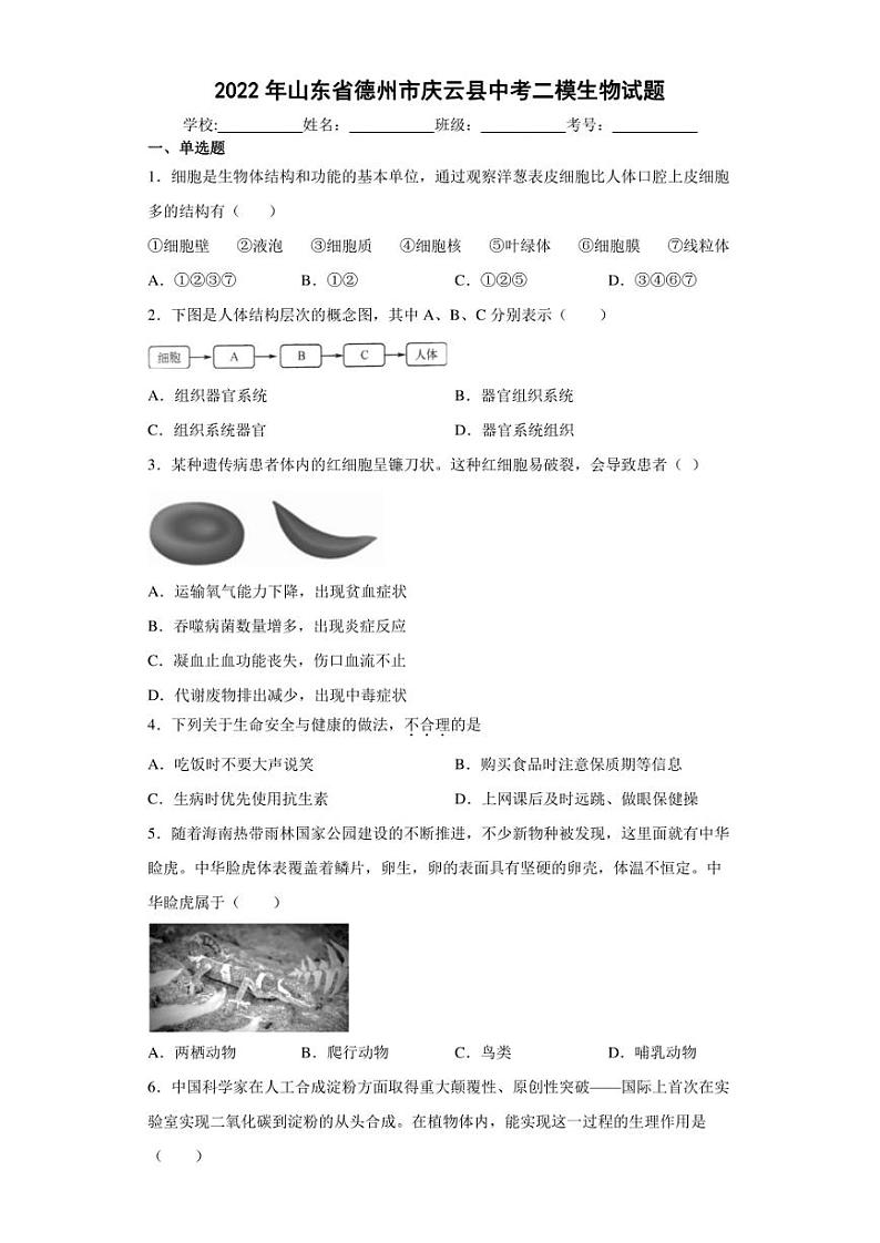 2022年山东省德州市庆云县中考二模生物试题(含答案)01