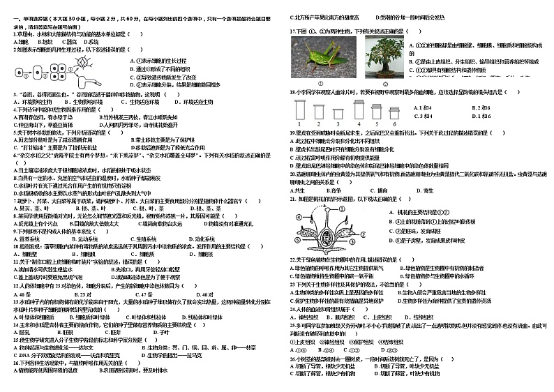 七上北师大版生物期末试卷A卷（含答案）第1页