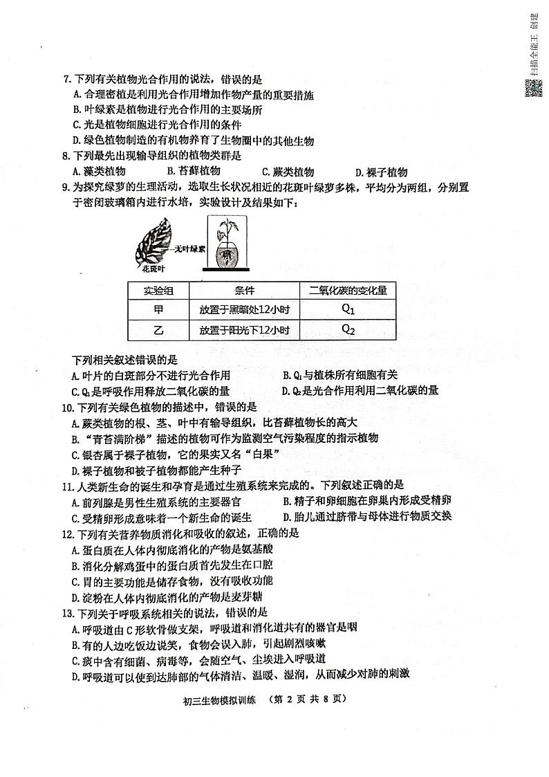 2022年山东省威海市文登区中考一模生物试题（无答案）02