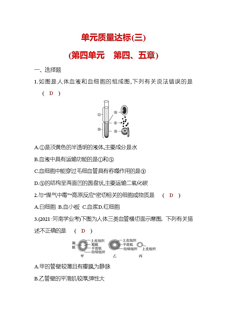 生物人教版七年级下册单元质量达标(三)(第四单元　第四、五章) 试卷01